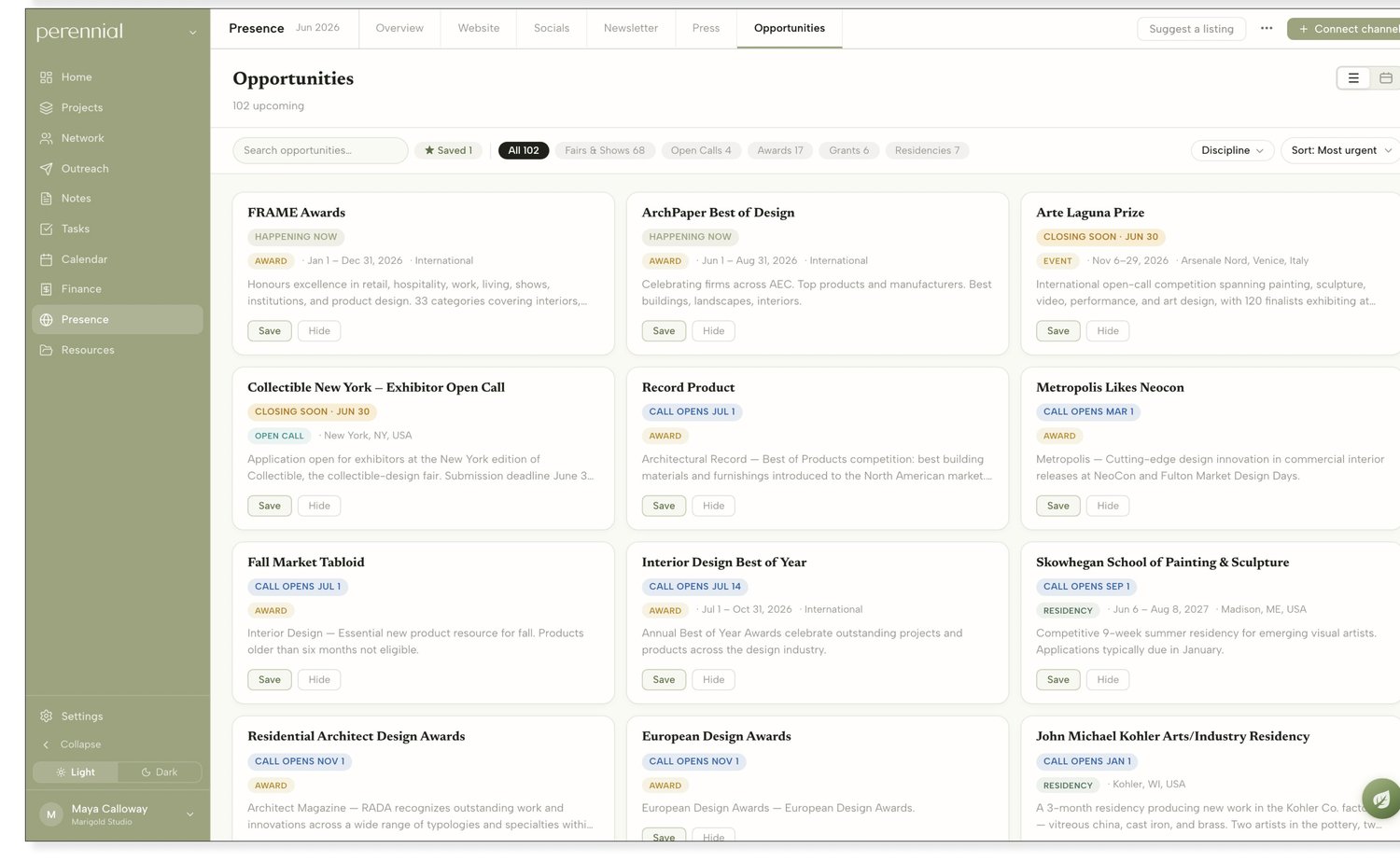 The Perennial app: an opportunities feed of awards, open calls, and residencies for designers.