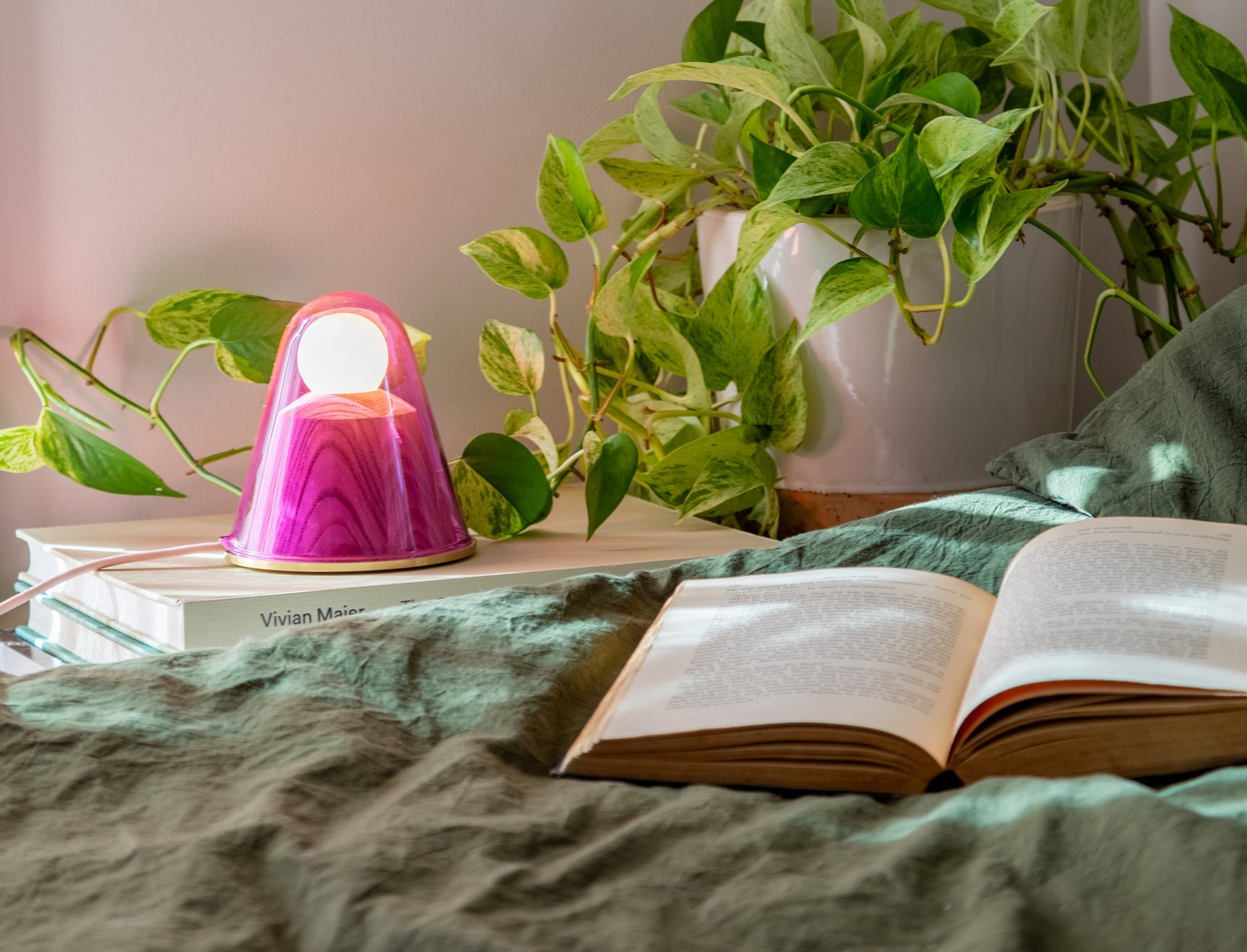 The Sedum table lamp glowing pink on a bedside stack of books beside a plant.