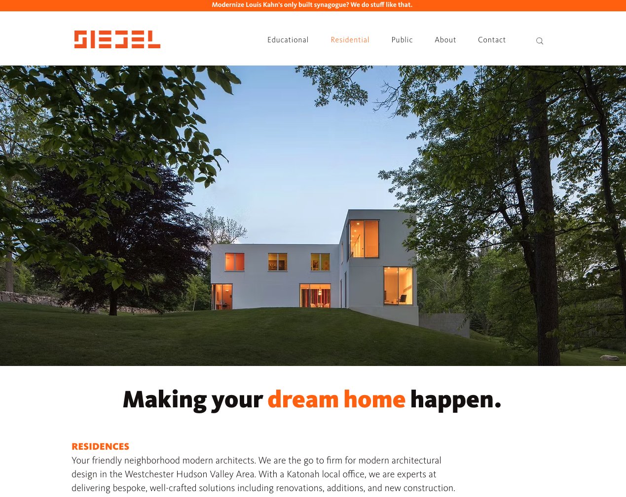 The Siegel architecture studio website, featuring a modern home at dusk.