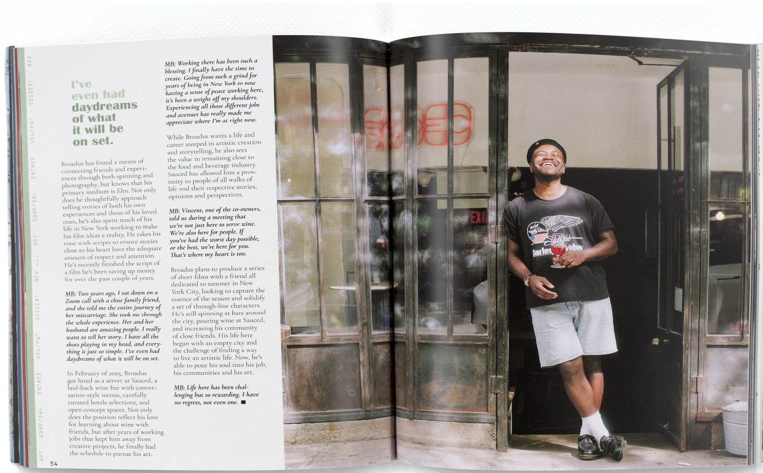 A printed feature spread from Waiting Magazine: a subject laughing in a doorway.