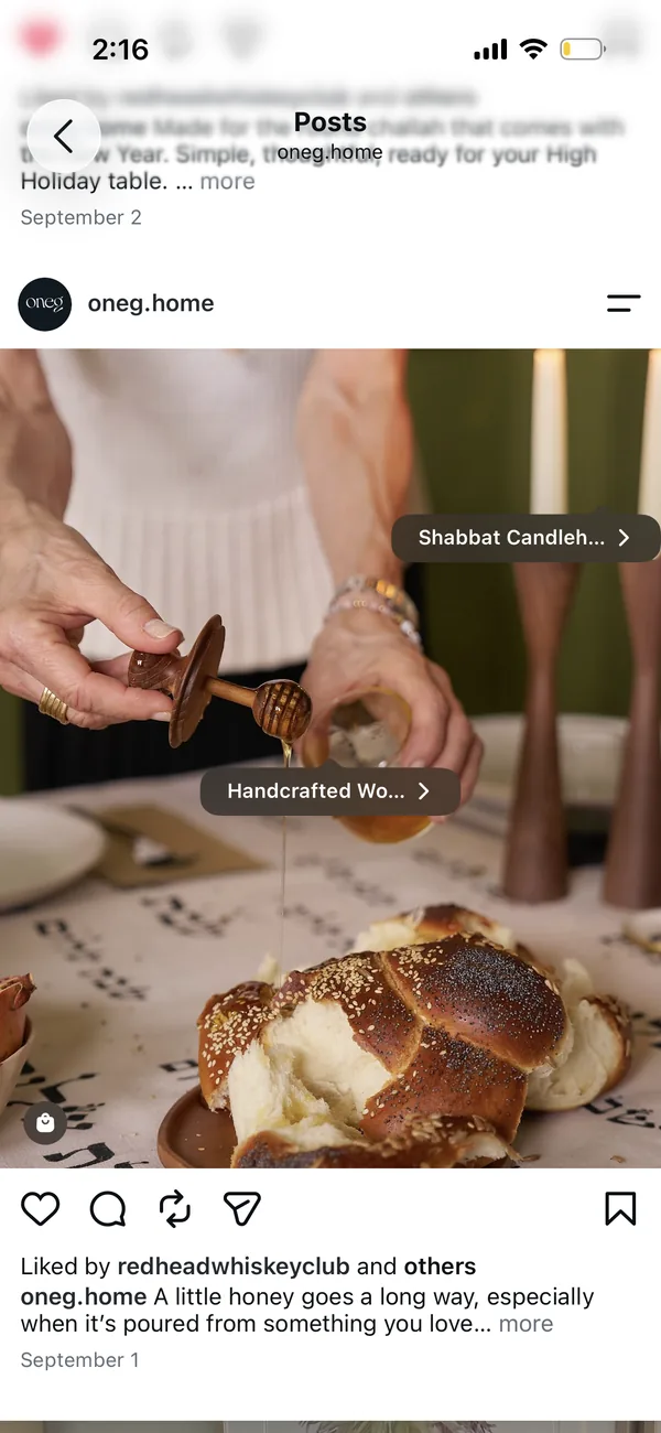 Instagram post of honey poured over challah at the holiday table.
