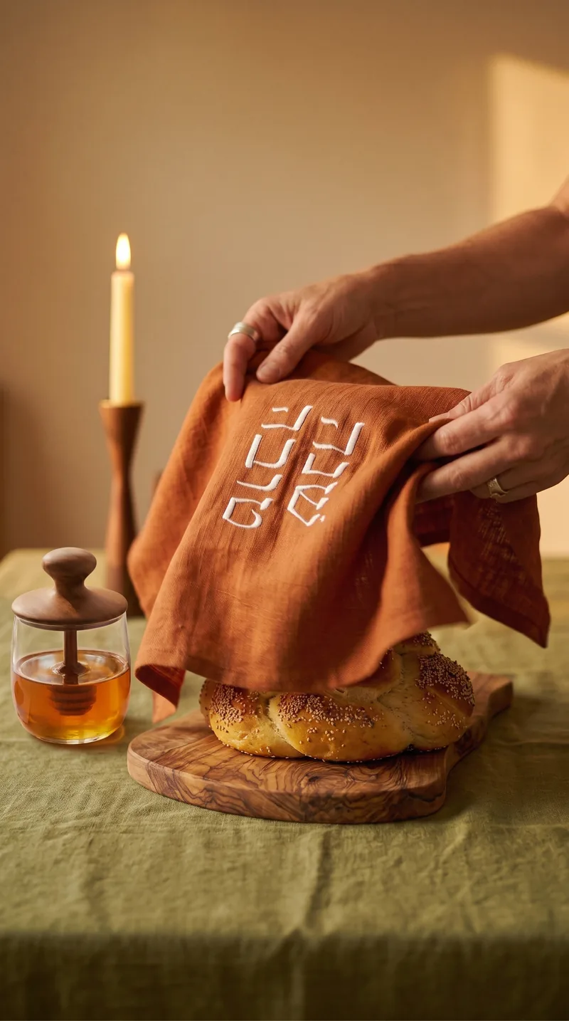 Generated scene of hands placing the challah cover over bread on a holiday table.