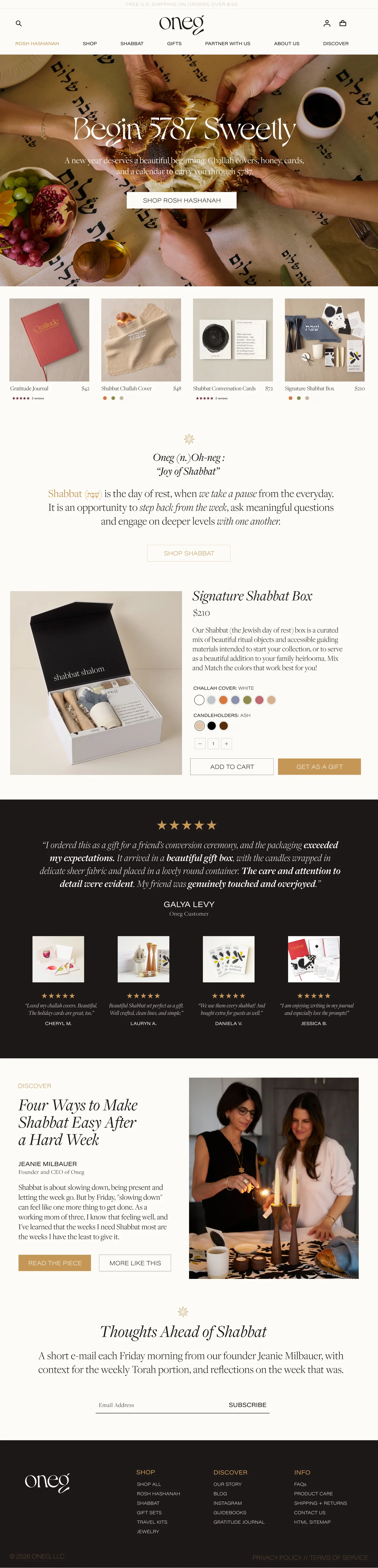 The full Oneg homepage during the campaign: Begin 5787 Sweetly hero, product row, Shabbat introduction, Signature Shabbat Box, reviews, a founder article, and the newsletter signup.