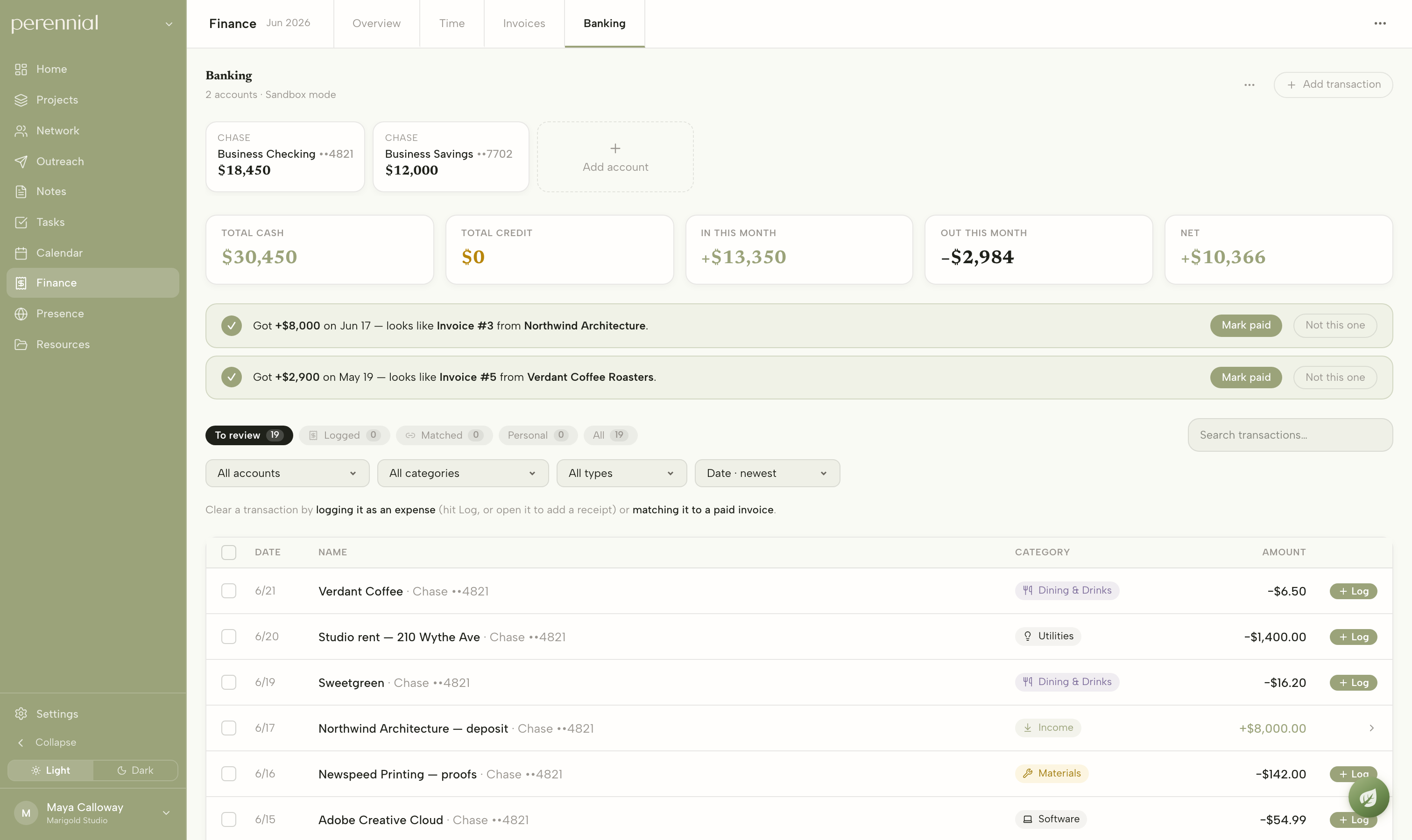 Banking. The real feed, categorized and matched back to the invoices that produced it.
