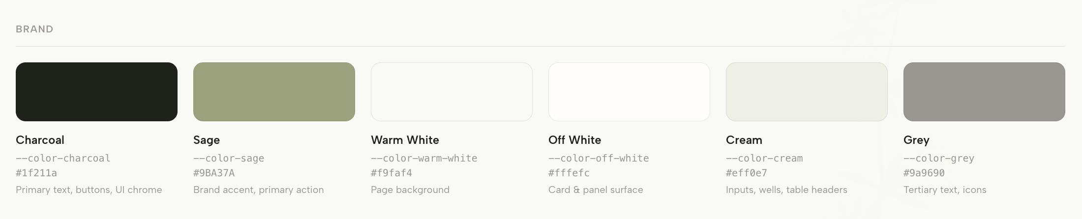 The brand palette: charcoal, sage, and three warm whites.