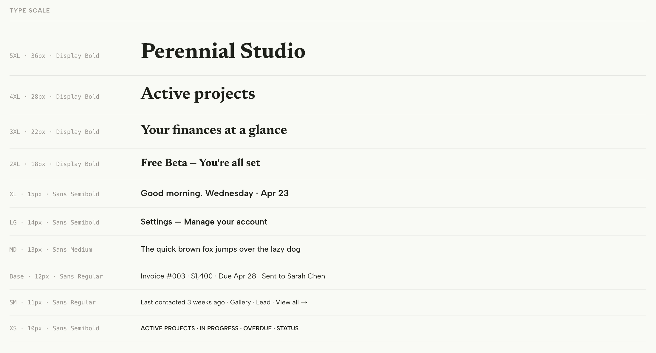 The type scale: Newsreader for display, Albert Sans for the interface.