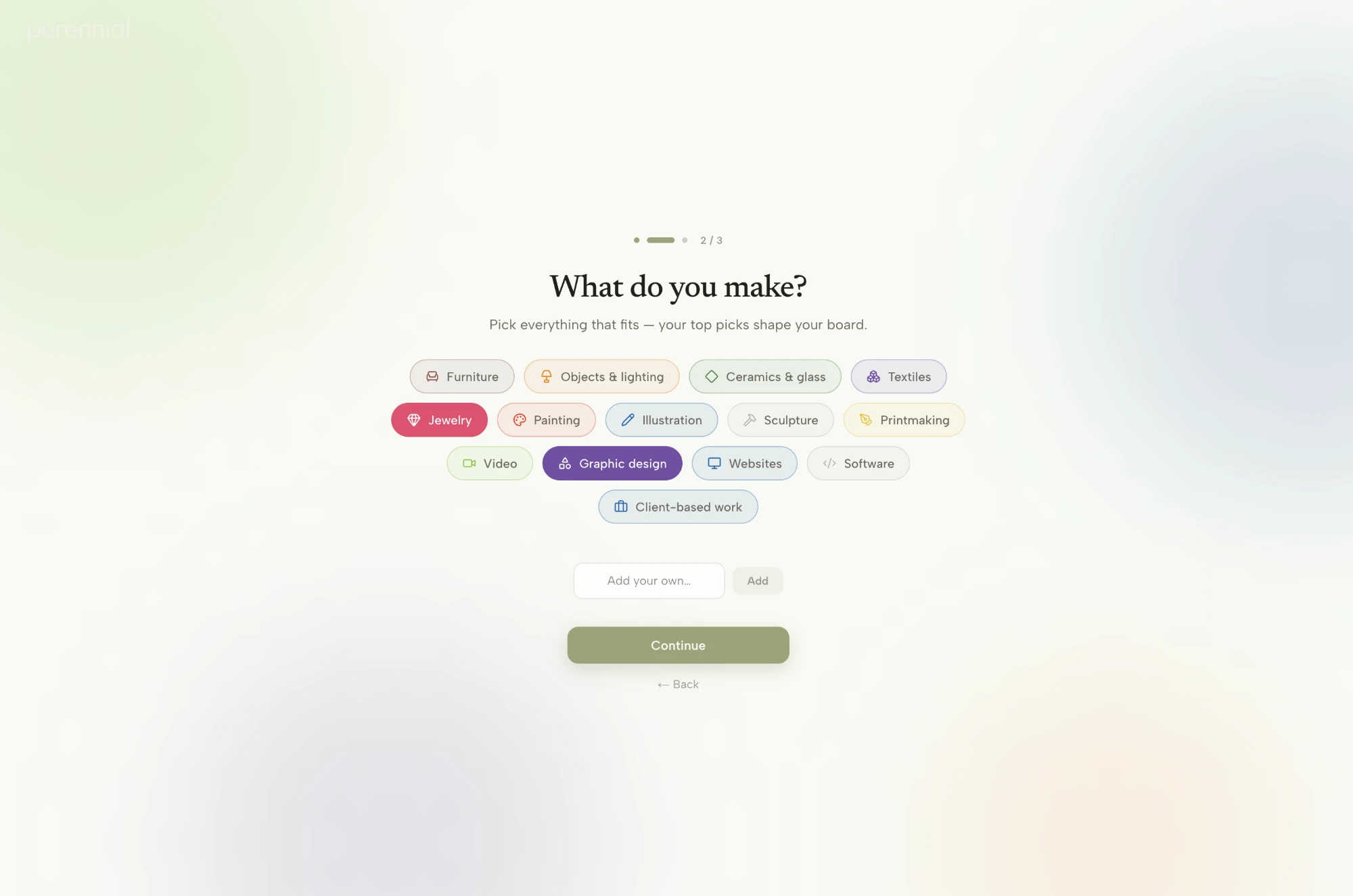 Onboarding step two: What do you make?, with discipline pills like furniture, ceramics, and graphic design.