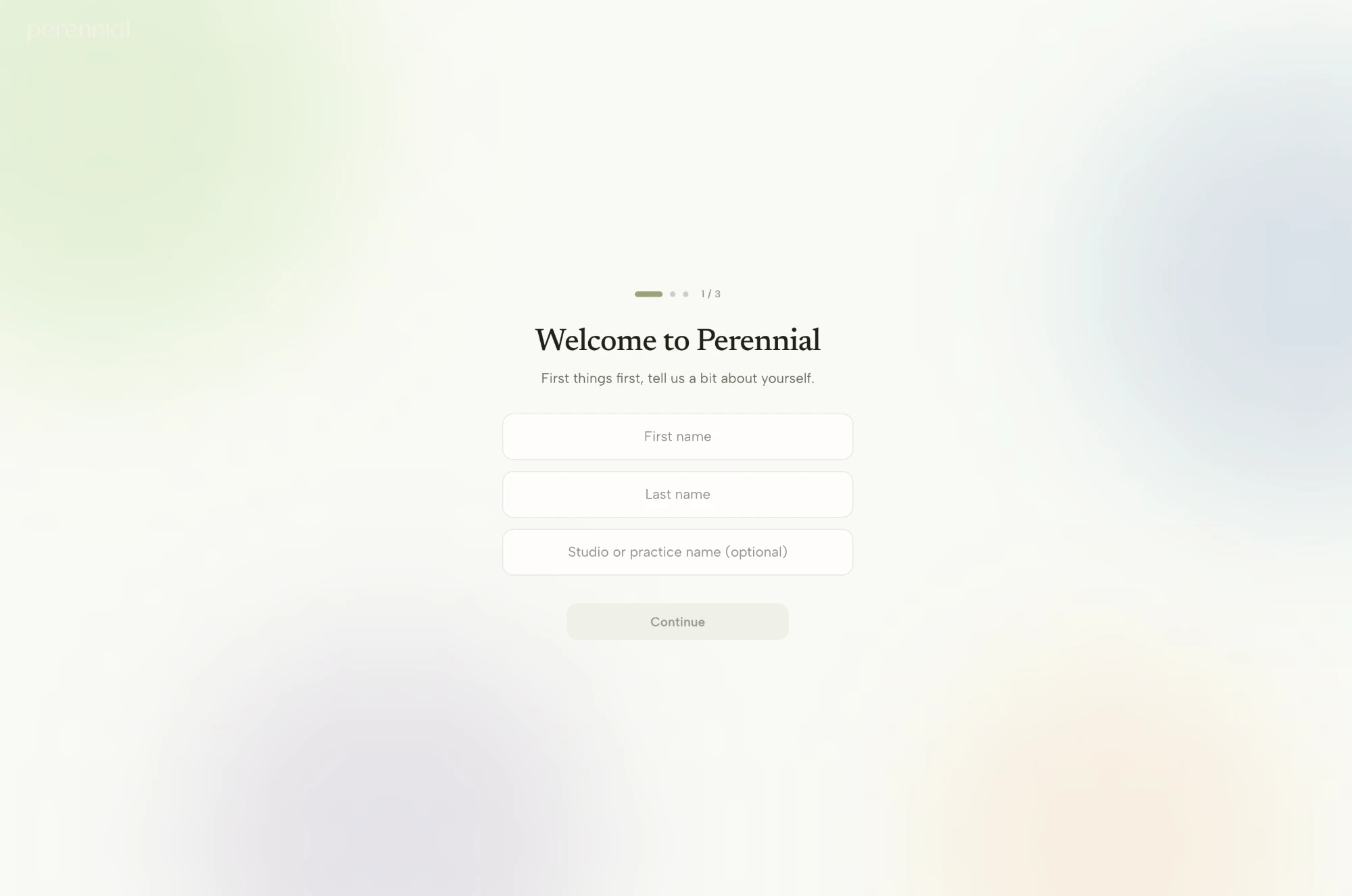 Onboarding step one: Welcome to Perennial, asking for a name and studio name.