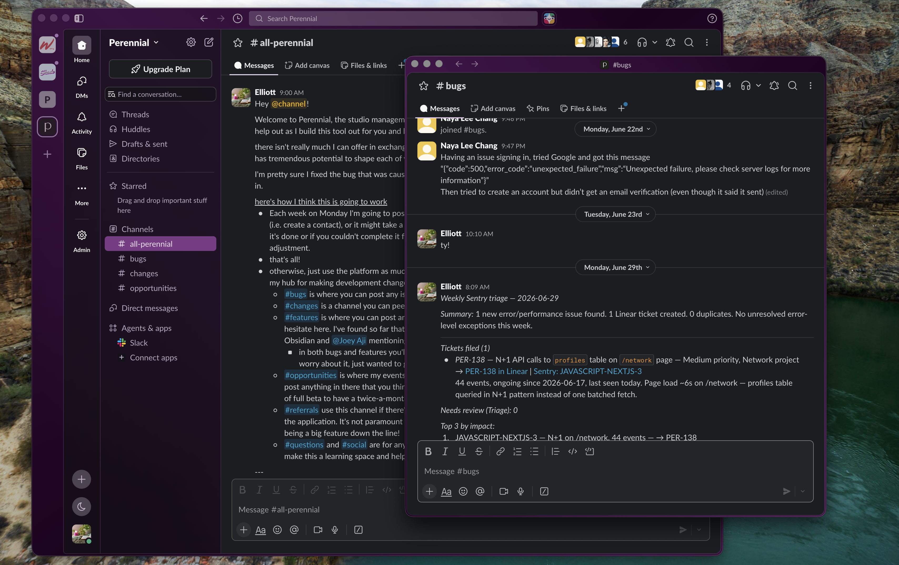 The beta Slack: the welcome note in #all-perennial, and a real bug report beside the weekly Sentry triage in #bugs.